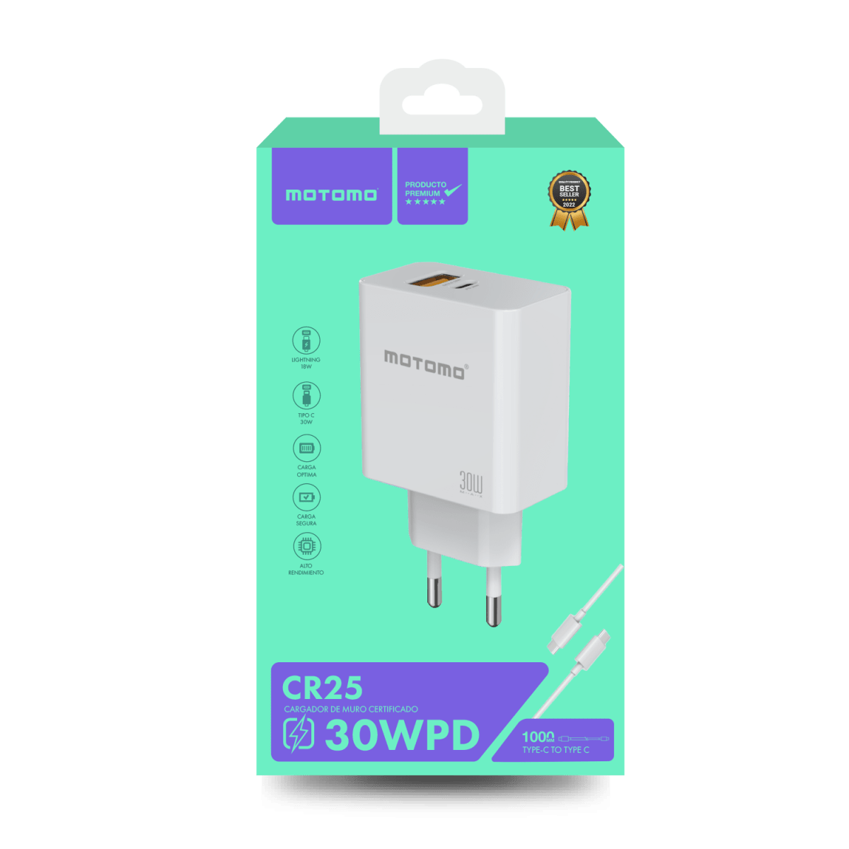 Cargador carga rapida Motomo 30W + cable Tipo C